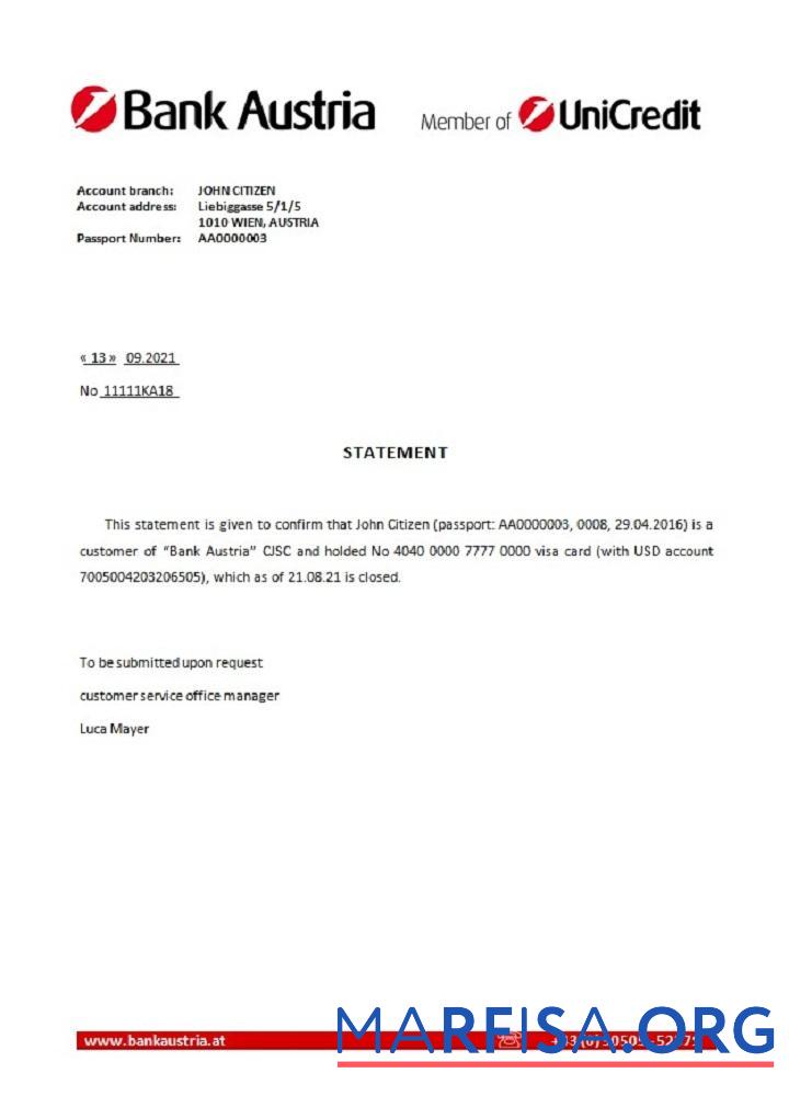 Blank Austria Bank Austria closure reference download for verification
